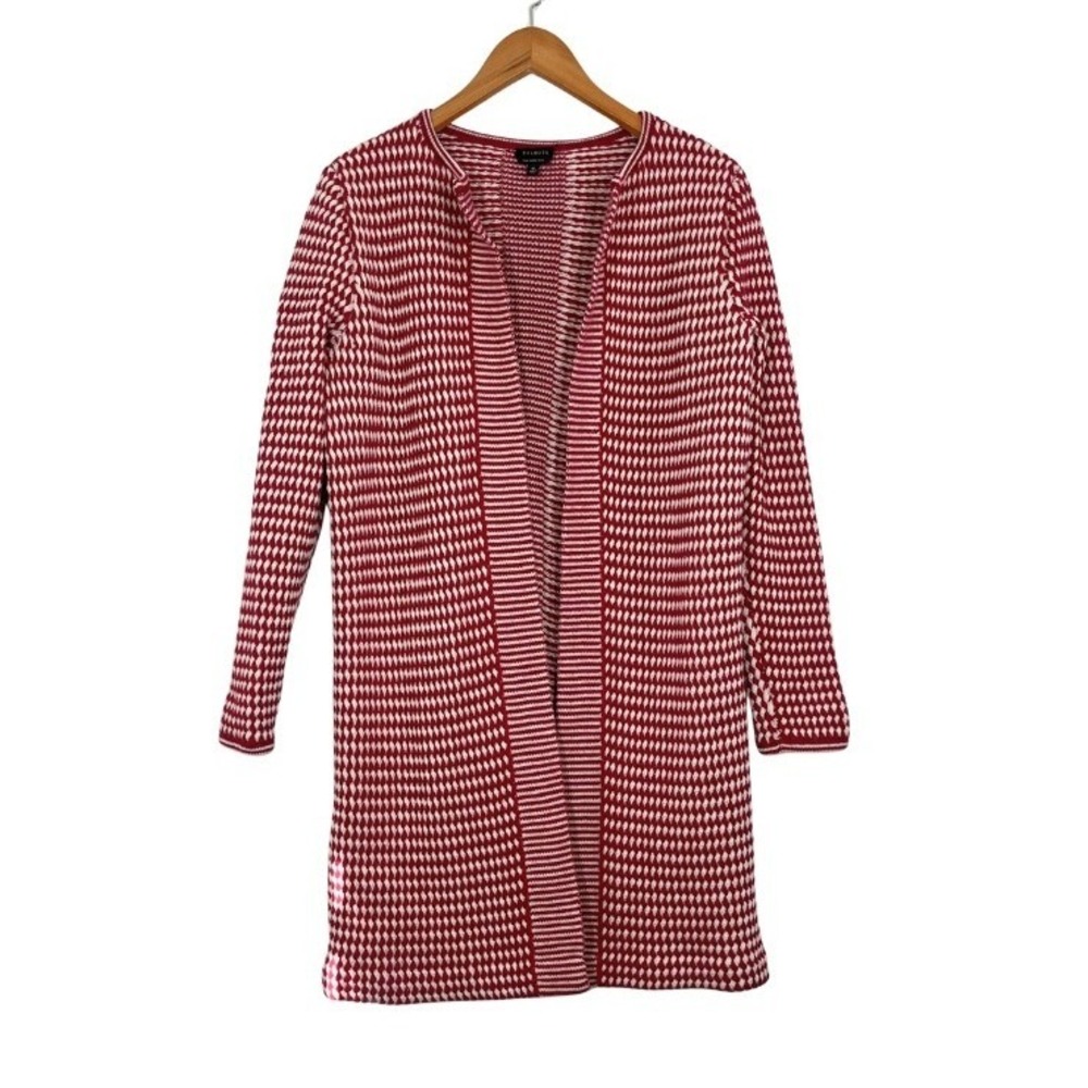 Talbots Pure Merino Wool Red Ivory Textured Knit Open Long Cardigan Classic Chic